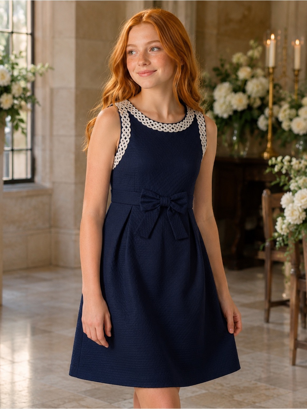 12 - LILLY PULITZER - Girls Navy Bow Fit-and-Flare Dress w/Cream /Gold Lace Trim